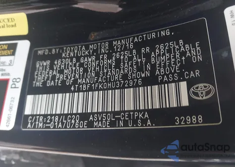 2017 Toyota Camry Xse из США, поврежденный, VIN 4T1BF1FK0HU372976